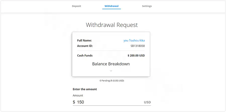 Click on the “Withdrawal” tab to access the withdrawal page