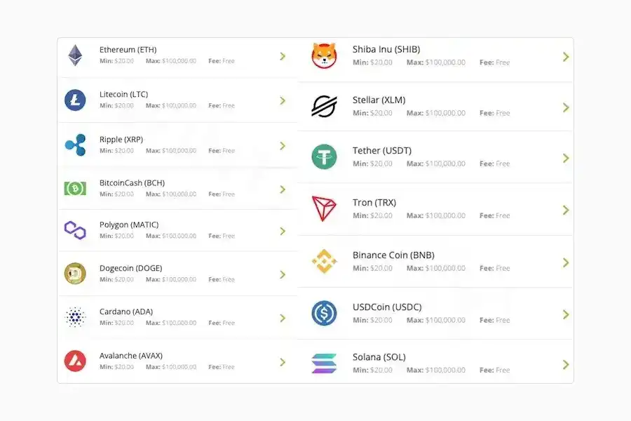 Select the withdrawal cryptocurrency